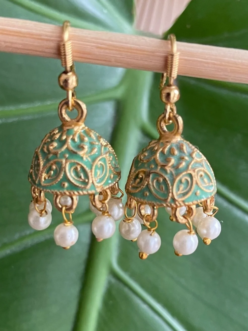 Pastel Mint Green Meenakari Jhumka Earrings with Pearl Drops Gold - Picture 1 of 5